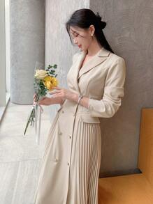 DAZY 纯色拼布褶皱女士中长连衣裙，秋季连衣裙长袖连衣裙 - 杏色 - 查看 5