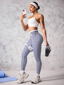 SHEIN Sport Studio Women's Asymmetrical Waistband Plaid Casual Gym Sports Leggings