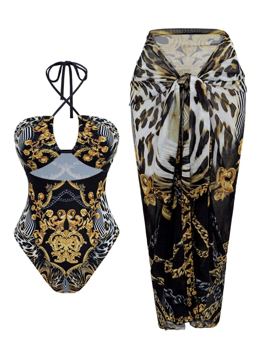 Swim Oasis Springbreak Summer Vacation Retro Printed Criss-Cross Adjustable Straps One-Piece Swimsuit & Long Tie Front Vintage High-Low Hem Beach Skirt 2 Pieces Boho Festival Set - Multicolor - View 1