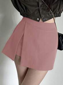 DAZY Women Solid Color Side Slit Shorts, All Season Summer,Skorts - Dusty Pink - View 3