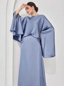 Veilorie Conjunto de top de manga tipo murciélago y falda elegante para mujer, conjunto de estilo árabe