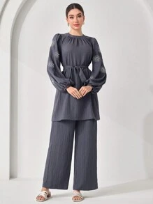 Veilorie Women Floral Embroidered Lantern Sleeve Top And Pants Arabic Style 2 Pieces Set,Modest