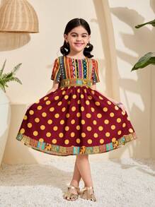 SHEIN Leap Crew Young Girl Ditsy Floral Fitted Casual Round Neck Dress - Burgundy - View 5