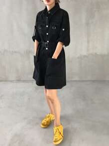 FRIFUL Women's Solid Color Waist Cinched Short Denim Bib Overalls & Jumpsuit