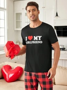 2pcs Men Slogan Graphic Top & Gingham Print Pants Pajama Set, Couples Lounge Wear - Multicolor - View 7