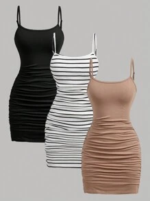 SHEIN Girlism 少女 3 件套 黑色、黑白、卡其色针织贴身褶皱腰迷你连衣裙，百搭休闲日常穿着，夏季 - 彩色 - 查看 3