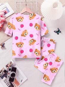 Valentine's Day Tween Girls' Cute Bear & Strawberry Print Casual Minimalist Snug Fit Round Neck Short Sleeve Pajama Set, Suitable For Spring/Summer