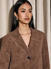 AiiRZ Luxurious Oversized Suede Blazer Professional Business Office Wear Designer Single Breasted Fall Winter Structured Coat Jacket With Button Closure - Coffee Brown - View 6