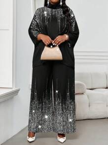 SHEIN Lady 2pcs/Set Plus Size Stand Collar Long Sleeve Printed Minimalist Top And Skirt Set - Silver - View 5