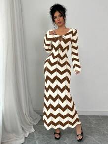 Calvaya Women Striped Lace Up Long Sleeve Casual Striped Long Sweater Dress