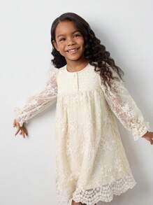 Maija Kids Maija Kids Young Girl's Elegant Holiday Style Crochet Lace Patchwork Embroidered Mesh Ruffle Hem Solid Apricot Lantern Sleeve Casual Dress, Spring/Summer - Apricot - View 6