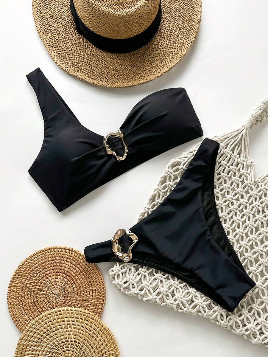 Swim Vcay Springbreak Mulheres Metal Decor Sexy 2pcs Cor Sólida Halter Biquíni Swimwear