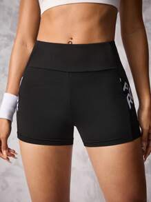SHEIN Sports Spring/Summer Elastic Waist Short Gym Shorts With Side Splice Ribbed Pattern And Slogan, Ruched BackWomen Sweat Short, Gym Short, Biker Short - Black - View 4