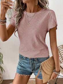 SHEIN LUNE 女士纯色烂花刺绣休闲圆领短袖 T 恤 - 粉色 - 查看 3