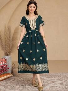 Teen Girl Gold Foil Floral Pattern Trim Neck Style Dress - Dark Green - View 3