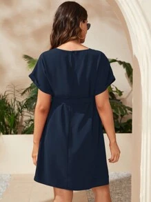 SHEIN Váy bầu tay cánh dơi màu trơn đơn giản cho bà bầu đi nghỉ - Màu xanh hải quân - Xem 2