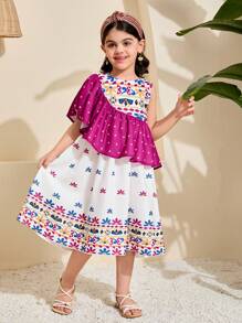 SHEIN 年轻女孩编织碎花圆领荷叶边下摆修身休闲连衣裙 - 紫色 - 查看 3