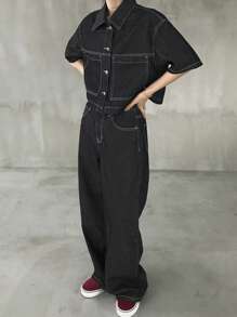 FRIFUL 女士两件套灰色牛仔套装：牛仔夹克 + 牛仔裤 - 黑色 - 查看 3