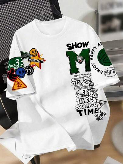 SHEIN Camiseta de manga corta con cuello redondo para niño preadolescente con estampado minimalista casual de monopatín y calavera que dice "Muestra un momento feliz", adecuada para deportes de verano