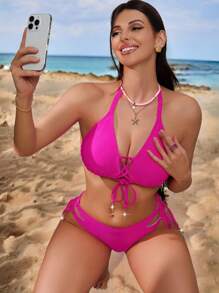 Swim DD+ High Waist Halter Sexy Bikini Set Summer - Hot Pink - View 5