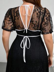 Firerie Plus Size Women's Short Sleeve Backless Contrast Color "Valentine Lover" Black Lace Dress