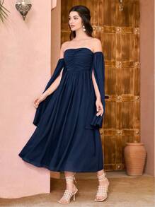 Modelyn Women Elegant Solid Color Off-Shoulder Midi Dress - Navy Blue - View 4