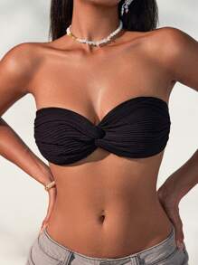 Swim Mod 女士纯色扭纹前抹胸比基尼上衣，适合夏季海滩度假 - 黑色 - 查看 3