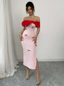 Rafferiza Robe midi ajustée avec épaules dénudées, nœud décoratif et fente latérale, dans un style blocs de couleurs élégant, parfaite pour la Saint-Valentin