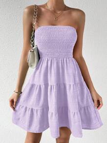 Chiquease Váy Bandeau nhiều tầng đơn sắc thường ngày cho nữ - Màu tím hoa cà - Xem 7