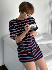 DAZY 女士宽松条纹短袖圆领休闲T恤超大码T恤 - 藏蓝色 - 查看 1