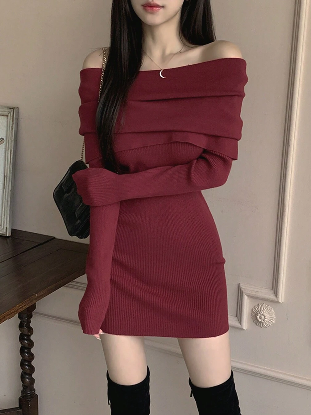 red off the shoulder sweater dress Red Off-Shoulder Sweater Dress: Cozy Knit Bodycon Mini Dress