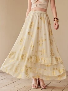 MOTF PREMIUM CHIFFON FLORAL PRINT DRAPED SKIRT - Apricot - View 3