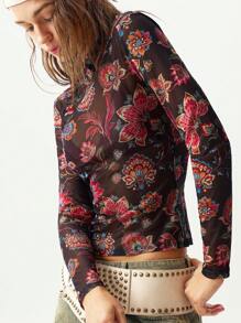 Bohemela Women Floral Print Long Sleeve Mesh Cropped Top - Black - View 4