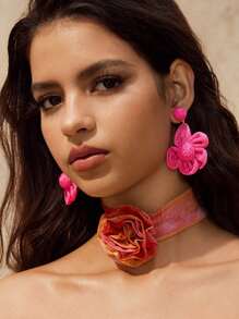 SHEIN VCAY Women's Casual Minimalist Fashion Flower Design Daily Wear Earrings For Valentine's Day,Mom,Mother,Mother's Day,Gift - Hot Pink - View 2