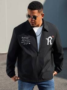Manfinity Homme Plus Size Men Casual Slogan Print Jacket, Grunge, Fall - Black - View 5