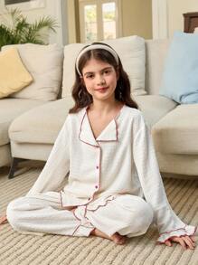 SHEIN Leap Crew 青少年女孩简约提花波浪下摆领上衣和长裤休闲舒适睡衣套装，2 件（作为兄弟姐妹/配套服装单独出售） - 白色 - 查看 5
