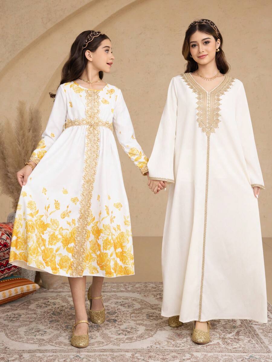 SHEIN 1 件青少年女孩 V 领金色花卉装饰宽松褶皱水洗面料连衣裙，皇家宫廷风格，宽松长裙，适合春夏季 - 杏色 - 查看 1