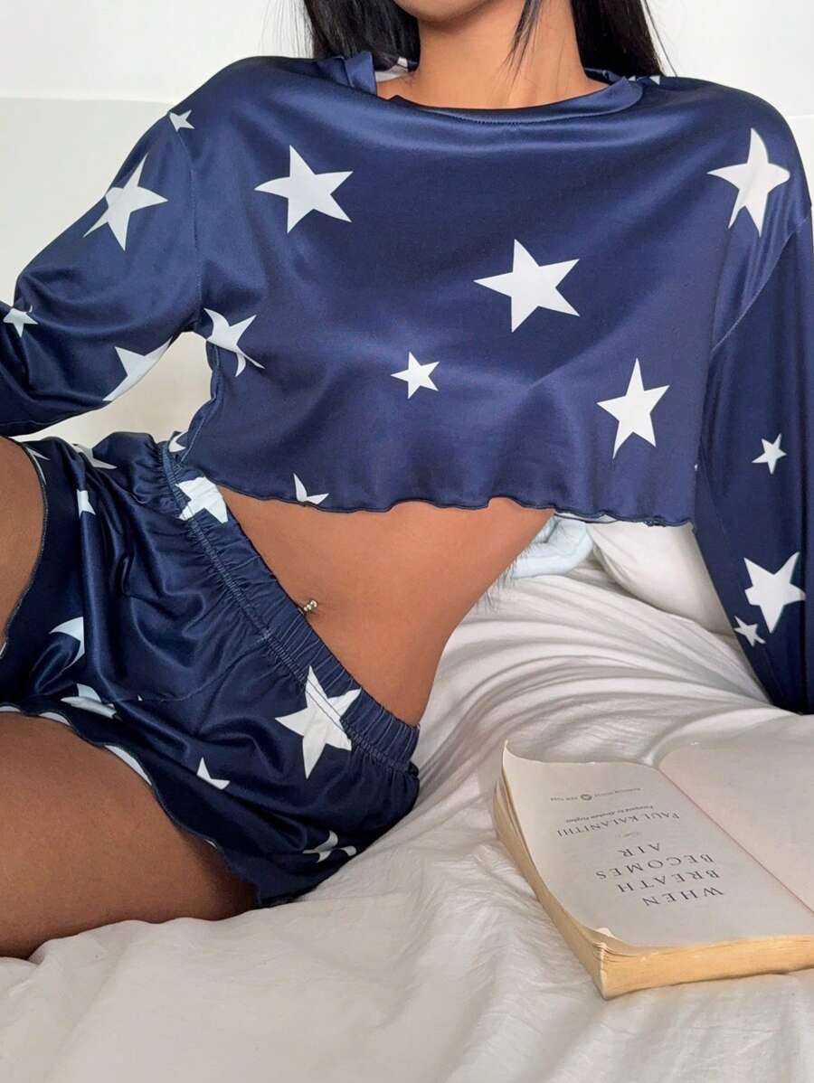 Miss Vinta 女士星星印花长袖上衣和短裤睡衣套装 - 藏蓝色 - 查看 1