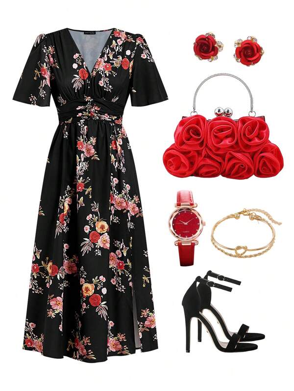 Ellevyn Rochie cu decolteu în V, negru și roșu, cu imprimeu floral, elegant, romantică, cu talie, pentru femei, ținută de Ziua Îndrăgostiților, haine de Valentin