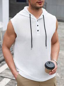 Manfinity Homme 男士纯色前开襟无袖极简连帽休闲上衣 - 白色 - 查看 1