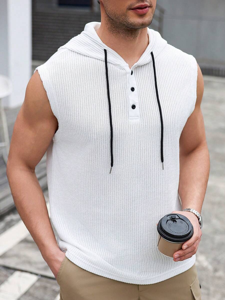 Manfinity Homme 男士纯色前开襟无袖极简连帽休闲上衣 - 白色 - 查看 1