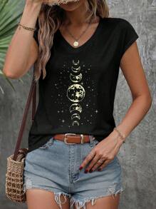 SHEIN LUNE 女士休闲修身 V 领 T 恤，带有极简主义黄色星星和月亮图案，适合夏季 - 黑色 - 查看 3