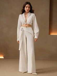 Anewsta White Casual Straight Leg Wrap-Around With Tie Waist Pants, Versatile Commuting Trousers - White - View 3