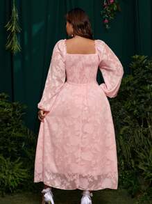 SHEIN Belle 大码女式方领心形领口长袖提花花卉贴花珍珠链装饰 A 字形连衣裙 - 粉色 - 查看 2