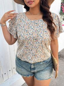 SHEIN LUNE Floral Ruffle Trim Plus Size Women's Casual Shirt, Fresh And Romantic Spring Break Boho Rave Festival Spring Break Old Money Style Women Rave Summer Spring For Women Beach Saint Patrick Easter Lounge Top For Women Summer Vacation Woman Easter Rave Festival Boho Women Country Women Country Concert Spring For Women Summer Western Wear Women Top - Multicolor - View 3