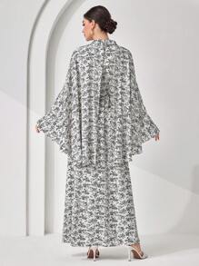 Veilorie Damen Kleid mit ganzflächigem Blumen-Muster, Langarm mit Vorder-Bindung - Schwarz und Weiss - Übersicht 4