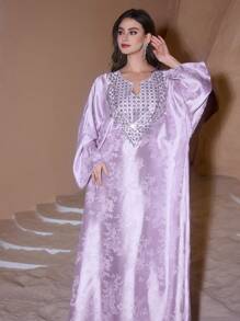 Layrah 定制亮片绣花领提花面料年轻时尚奢华女装、卡夫坦和贾拉比亚、女士奢华晚礼服、端庄 - 淡紫色 - 查看 4