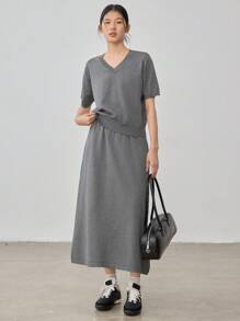 Dazy-Less 2pcs Set Loose Solid Knit Top And Skirt, Women Sweater Suit Business Casual Woman Work Clothes - Dark Grey - View 2