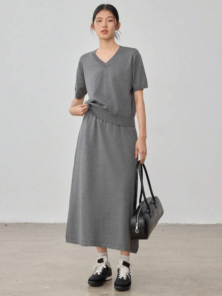 2pcs Set Loose Solid Knit Top And Skirt, Women Sweater Suit Business Casual Woman Work Clothes