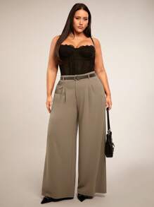 SHEIN BAE Pantalon long simple de style quotidien pour femmes grandes tailles, couleur kaki avec décoration de ceinture, jambe large, convient pour le casual, les rendez-vous, les vacances, le bureau, le travail, le printemps/été - Kaki - Voir 1